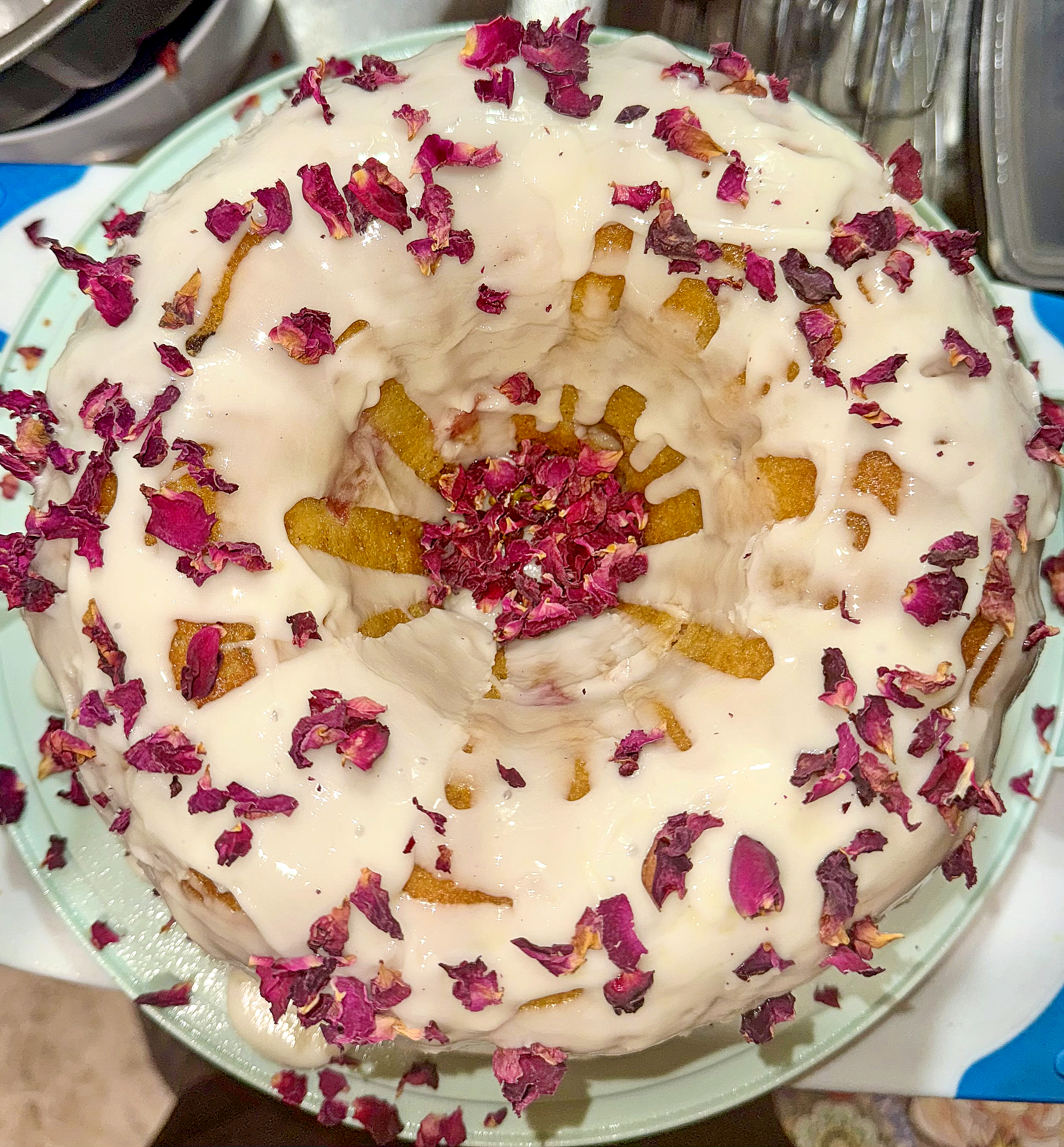 Rhubarb-Pistachio Bundt Cake with Rose Glaze