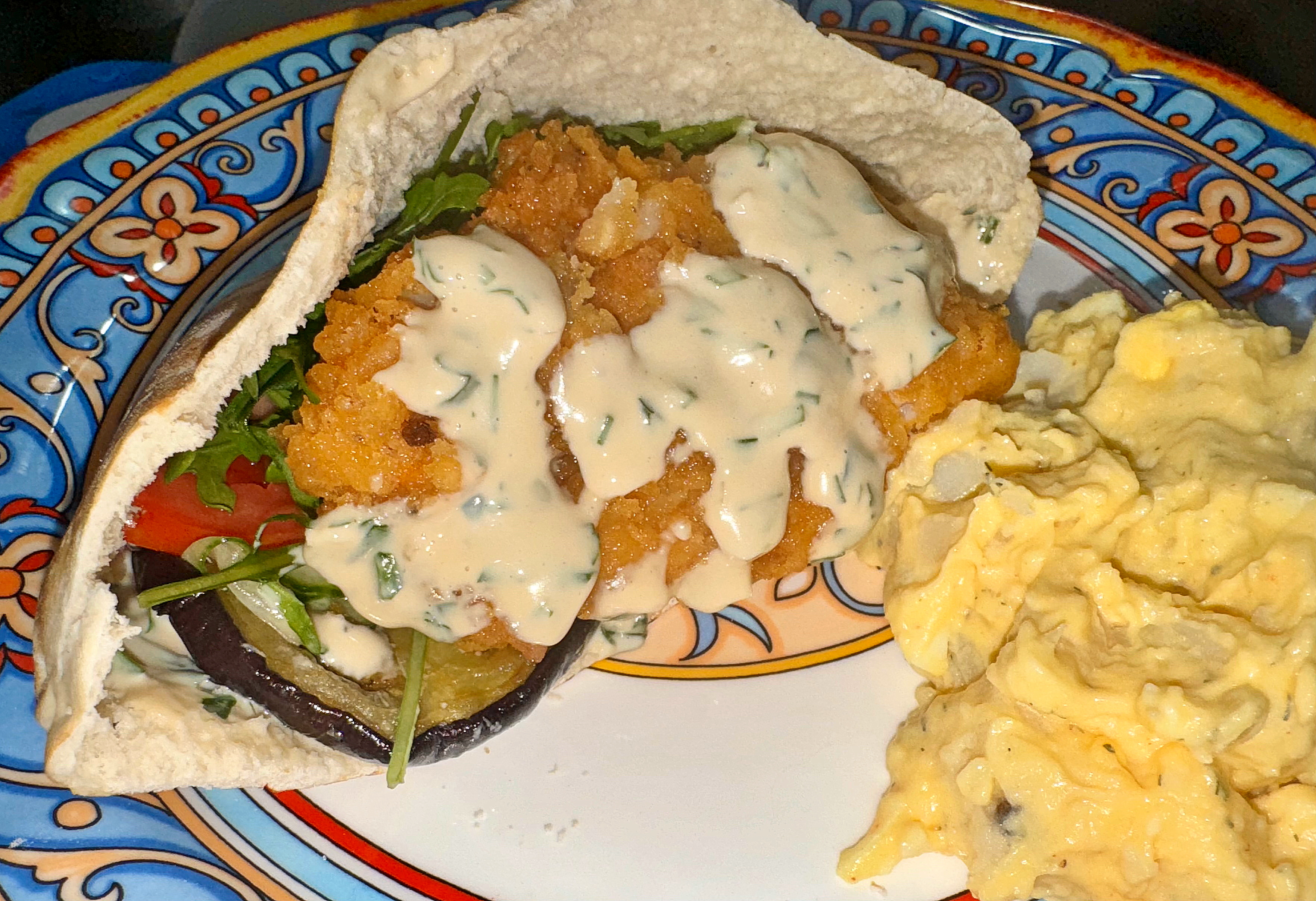 Golden Cod Pita Sandwich with Roasted Eggplant and Tahini